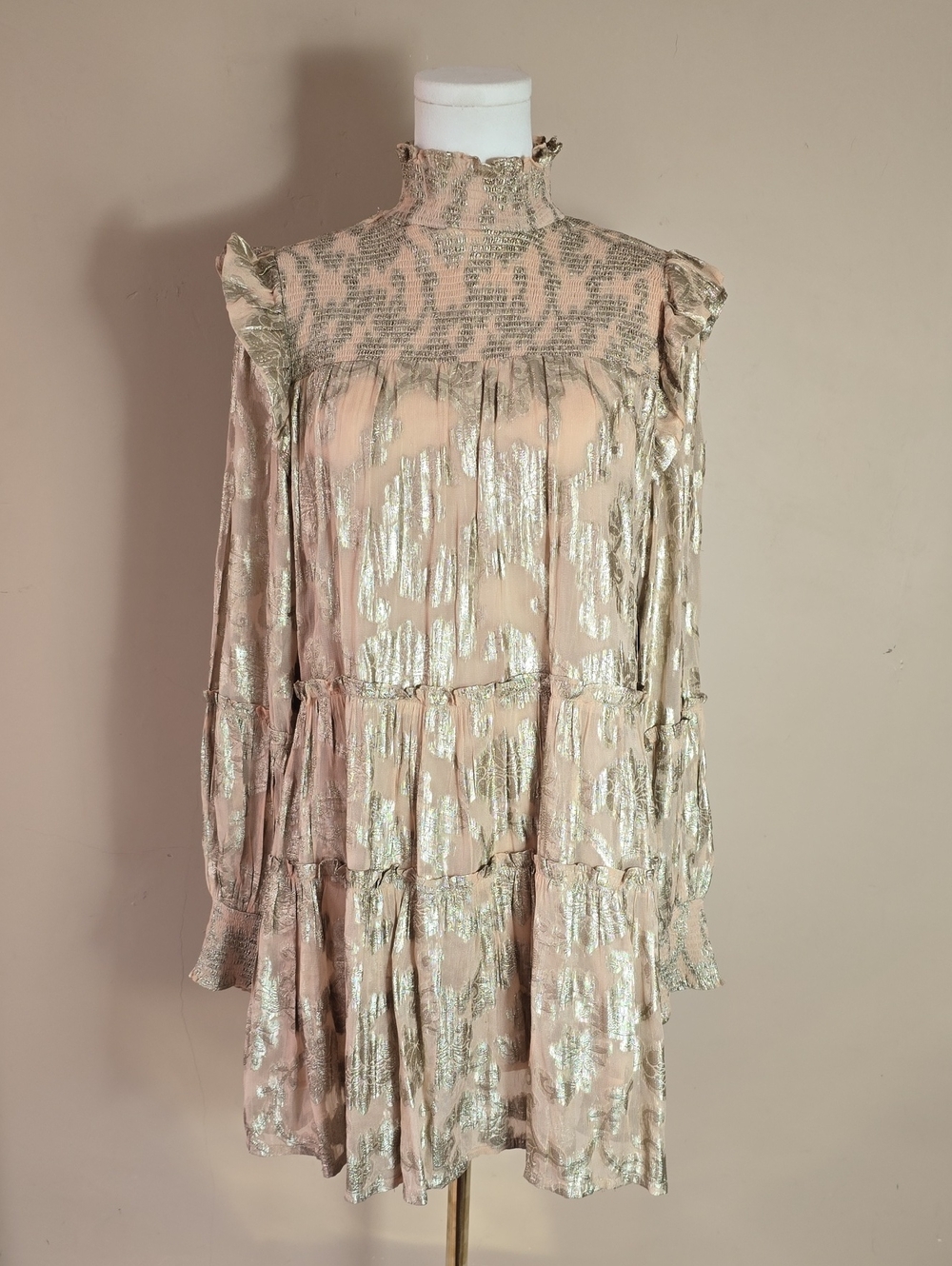 Smocked High-Neck Metallic Blush Long-Sleeve Dress